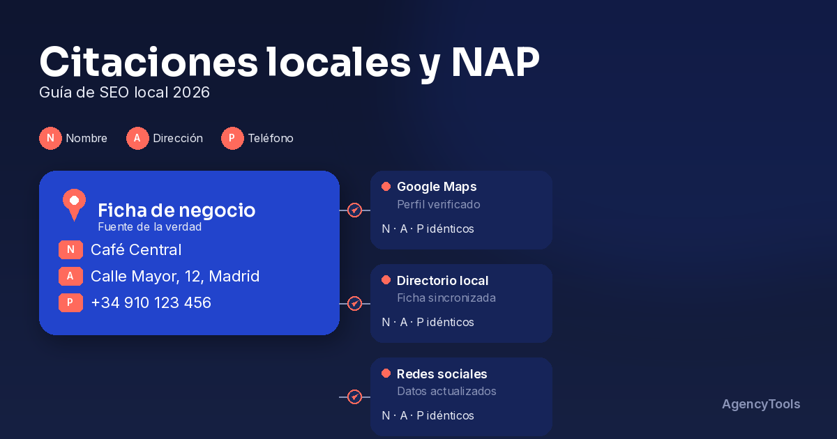 Datos NAP consistentes de un negocio local en varios directorios y en el mapa de Google
