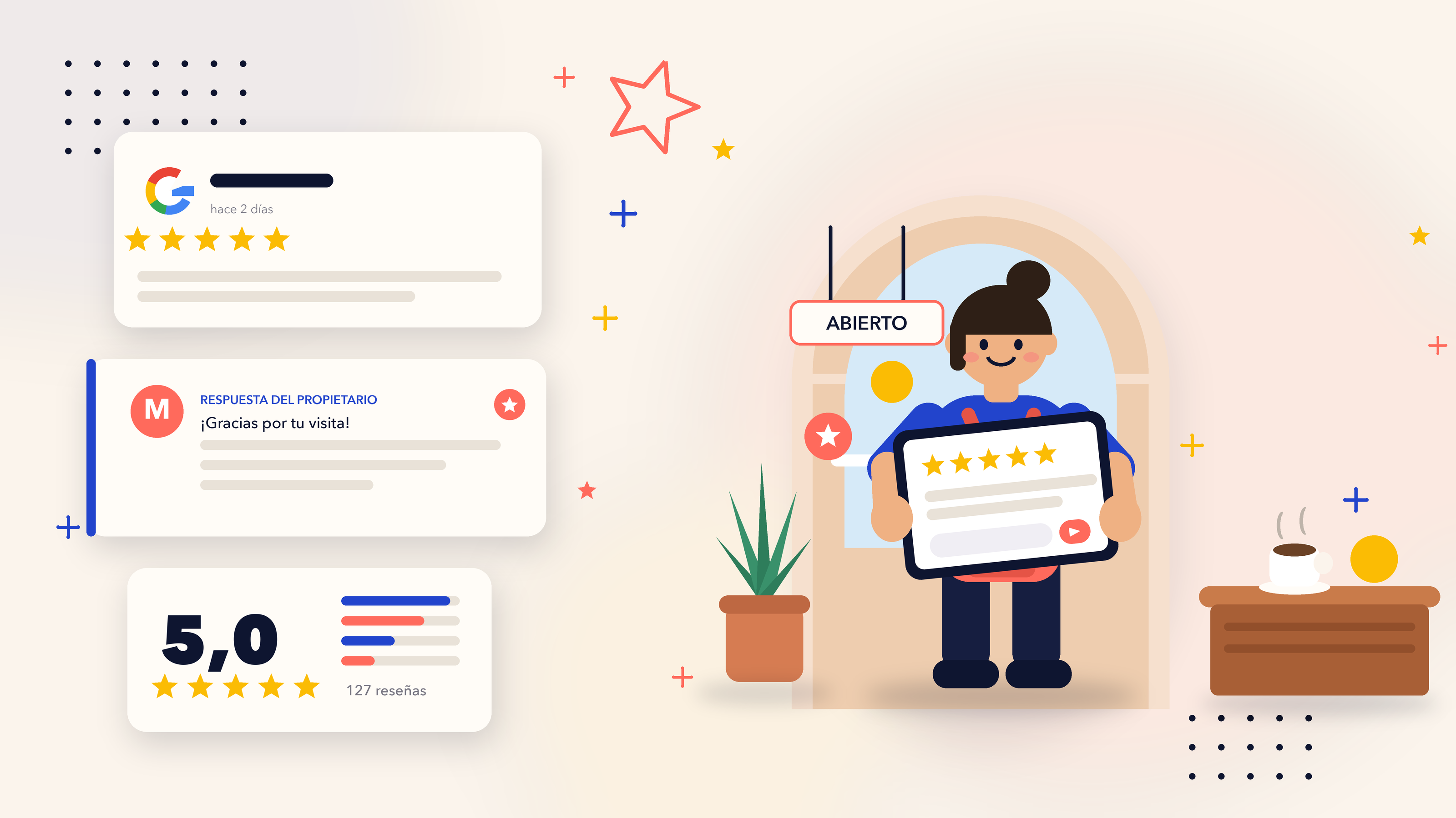 Negocio local español gestionando reseñas de Google con interfaz de Google Business Profile y estrellas de valoración