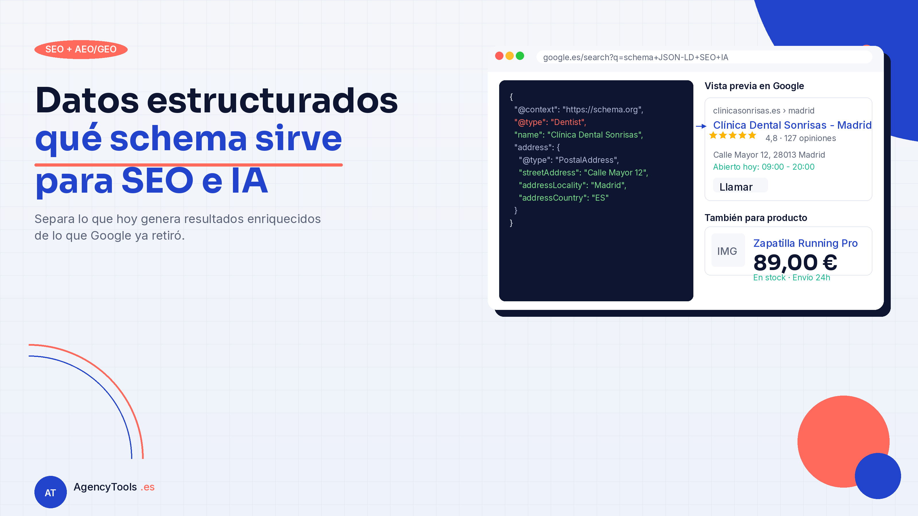 Consultora SEO en España revisando código JSON-LD de datos estructurados en un editor junto a la vista previa de un resultado enriquecido en Google