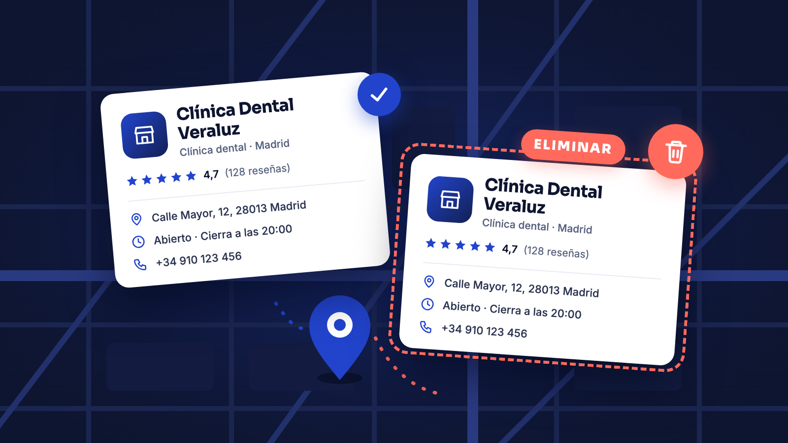 Dos fichas de Google Business Profile idénticas de un mismo negocio español superpuestas sobre un mapa, una de ellas marcada para eliminar