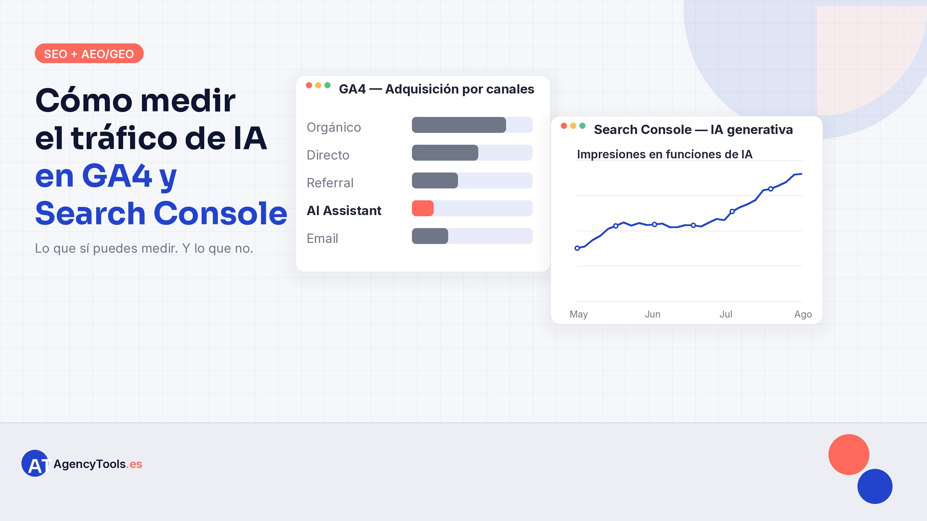Consultora de marketing en España revisando en GA4 el canal AI Assistant y el informe de IA generativa de Search Console para medir el tráfico de IA de un cliente