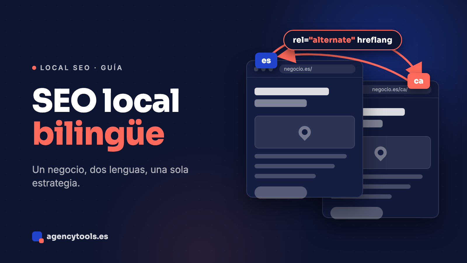 Ficha de un negocio local español con dos versiones de su web enlazadas por hreflang, una en castellano y otra en la lengua cooficial de su región