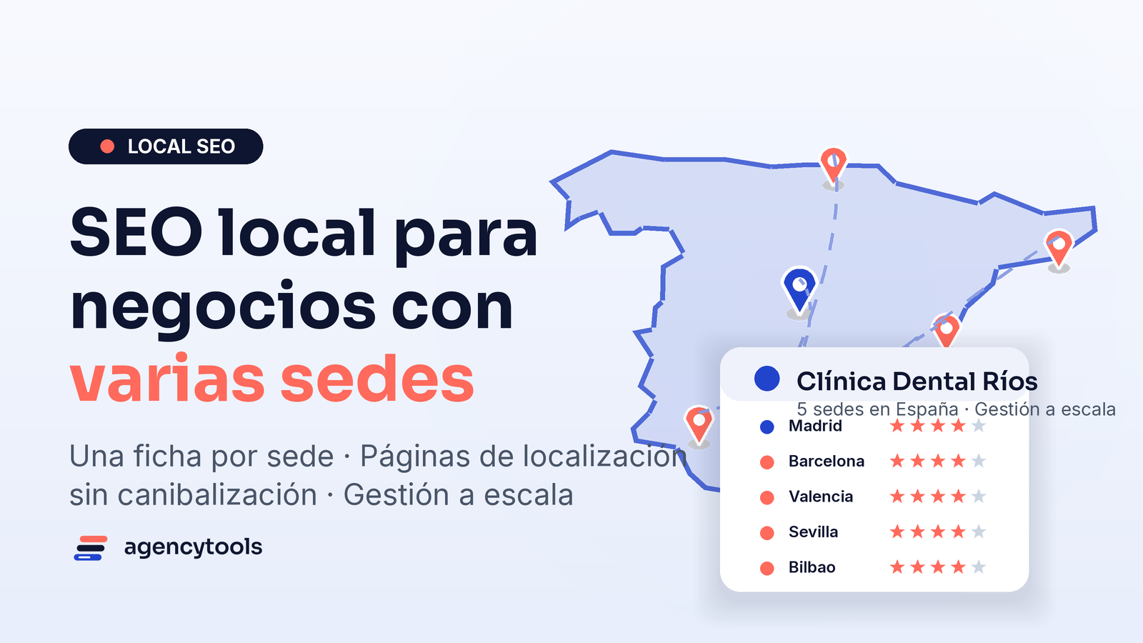 Mapa de España con varias sedes de un mismo negocio conectadas a sus fichas de Google Business Profile