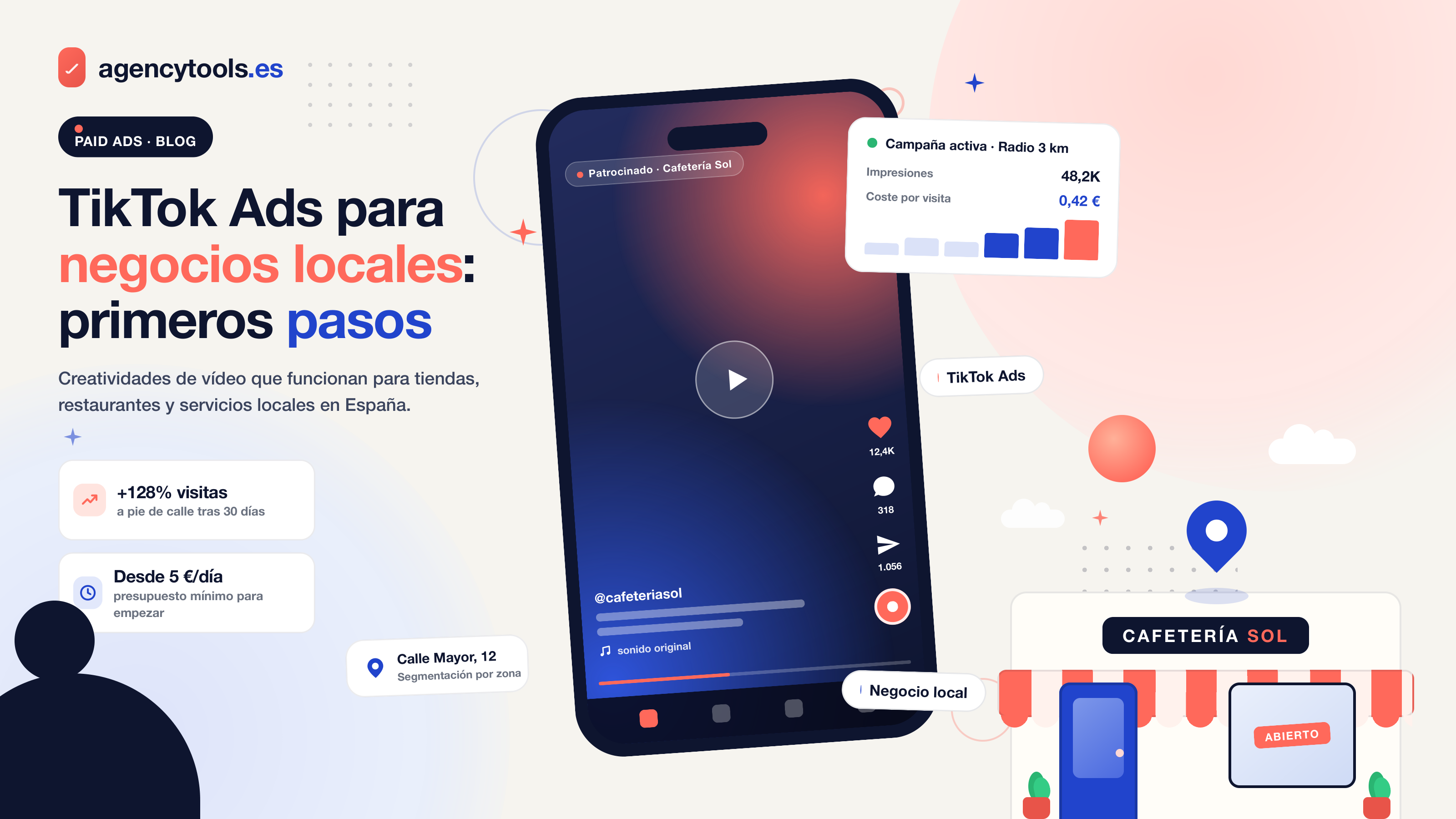 Profesional de marketing en España configurando campaña de TikTok Ads para negocio local con smartphone